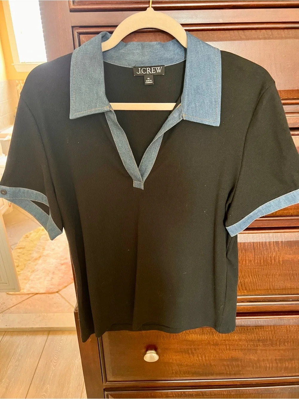 J.Crew Black Short-Sleeve Polo Top with Denim Trim
